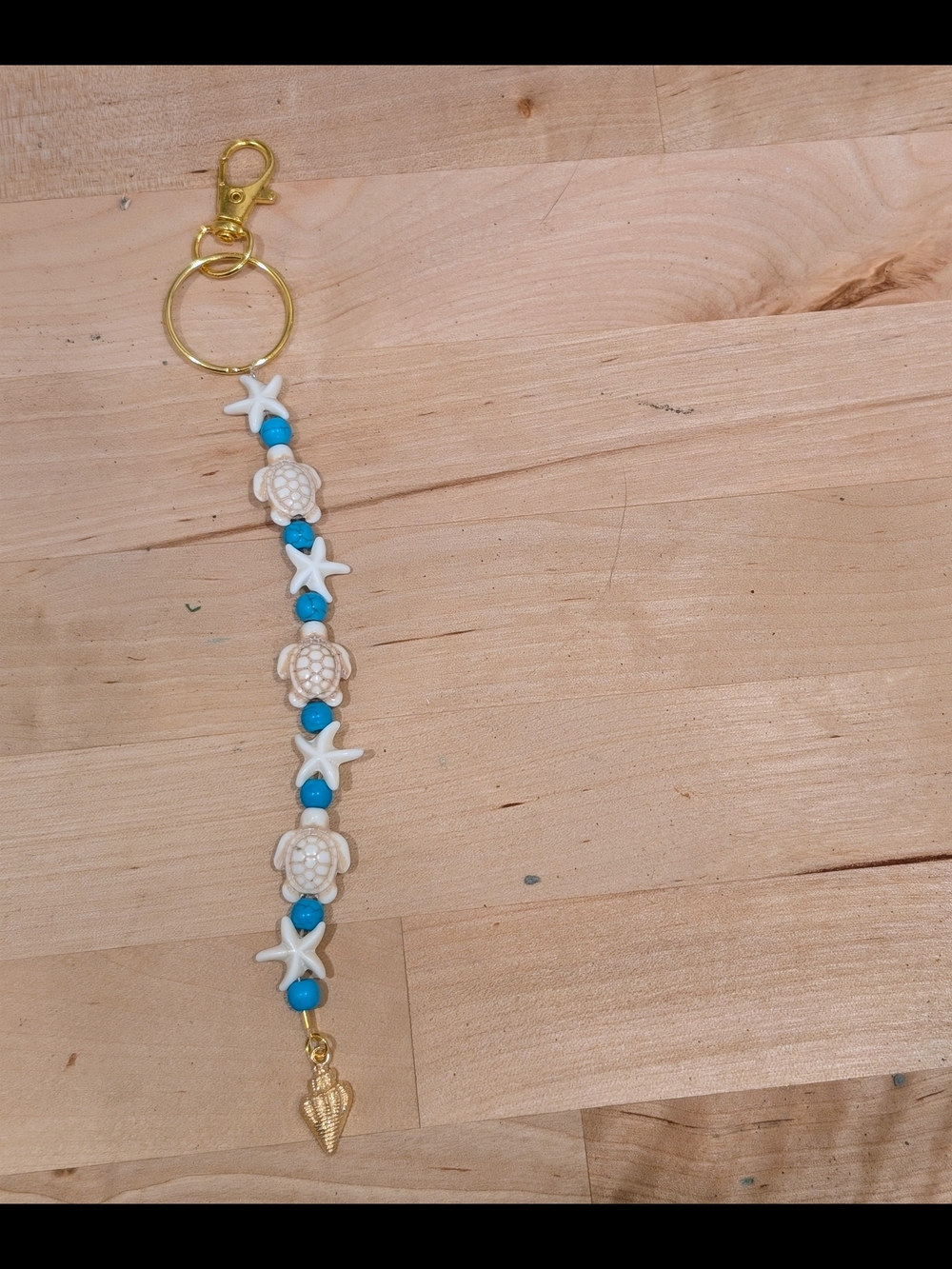 Beaded Sea Turtle & Starfish Keychain Bag Charm - Blue and White